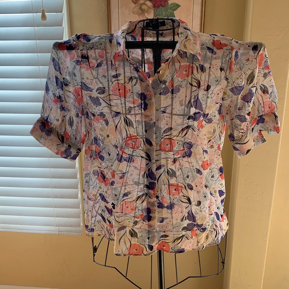 CHAPS Floral Sheer Blouse with Short Sleeves